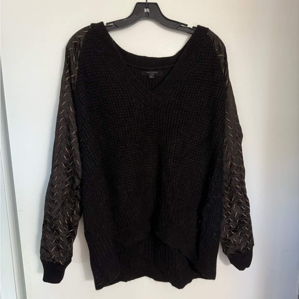 All saints black V-Neck Sweater with Patterned Sleeves